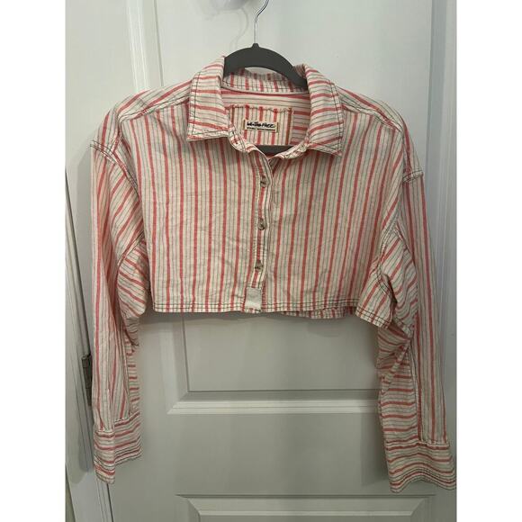 Free People We The Free Striped Red Oxford Crop Button Front XS Boxy Top Shirt - Picture 2 of 10